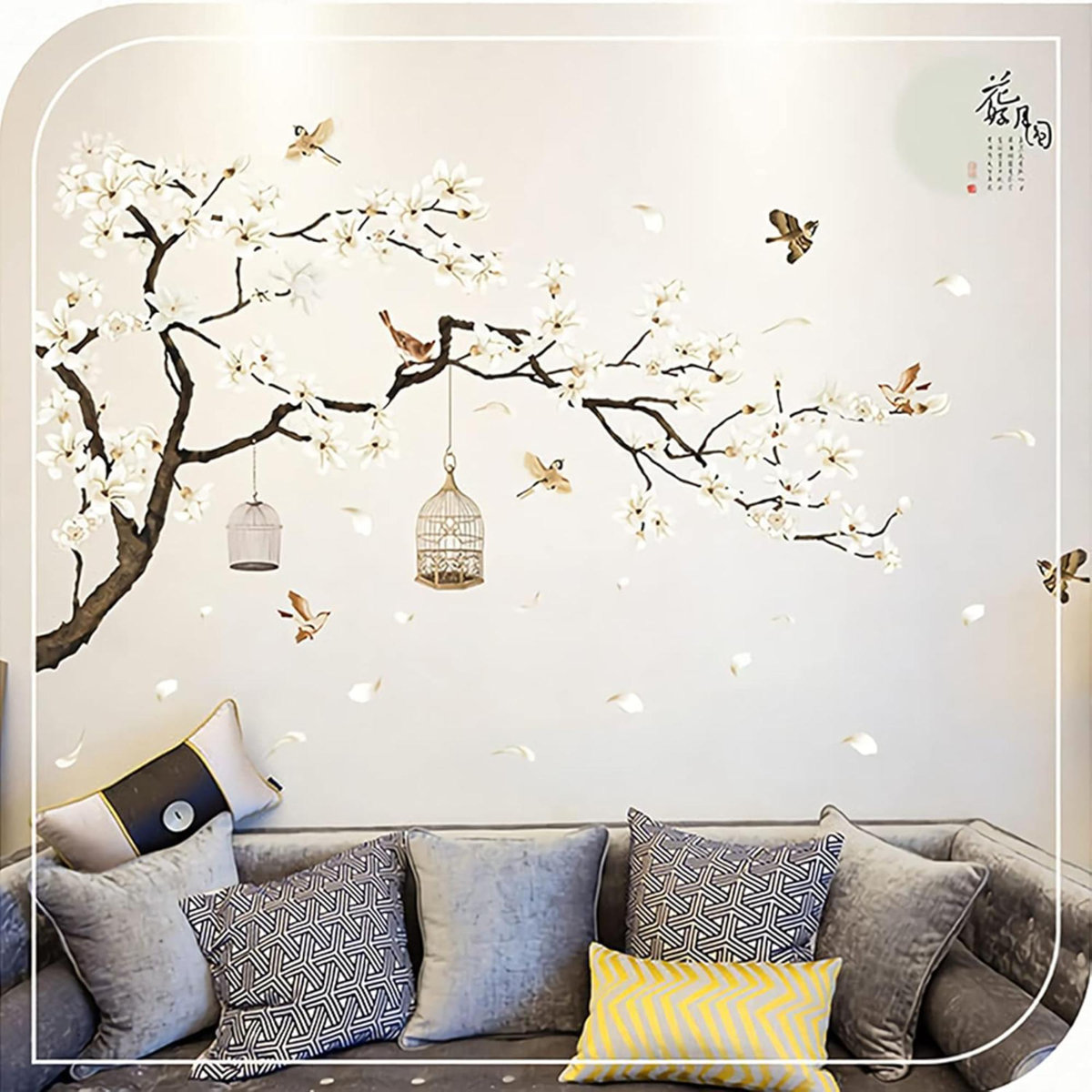 Amaonm Removable Cherry Blossom Tree Wall Decal – Pink Floral With Butterflies, 12 Sheets For DIY Wall Decor